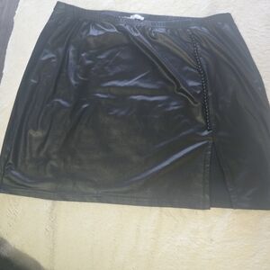Black Faux Leather Mini Skirt with Side Slit